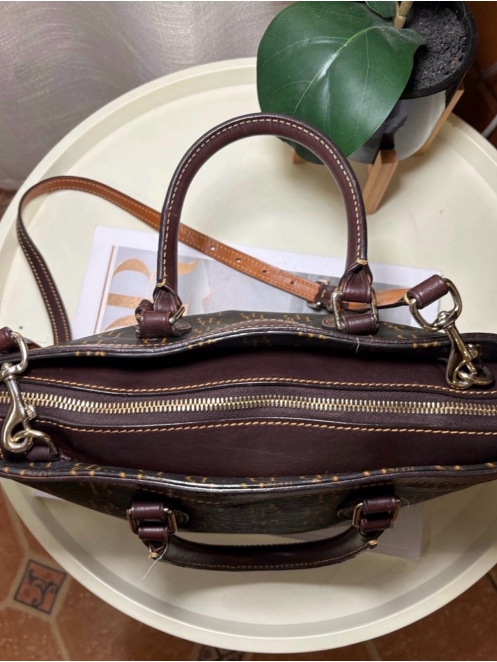 Dooney & Bourke Brown & Tan Signature DB Satchel - Picture 4 of 6